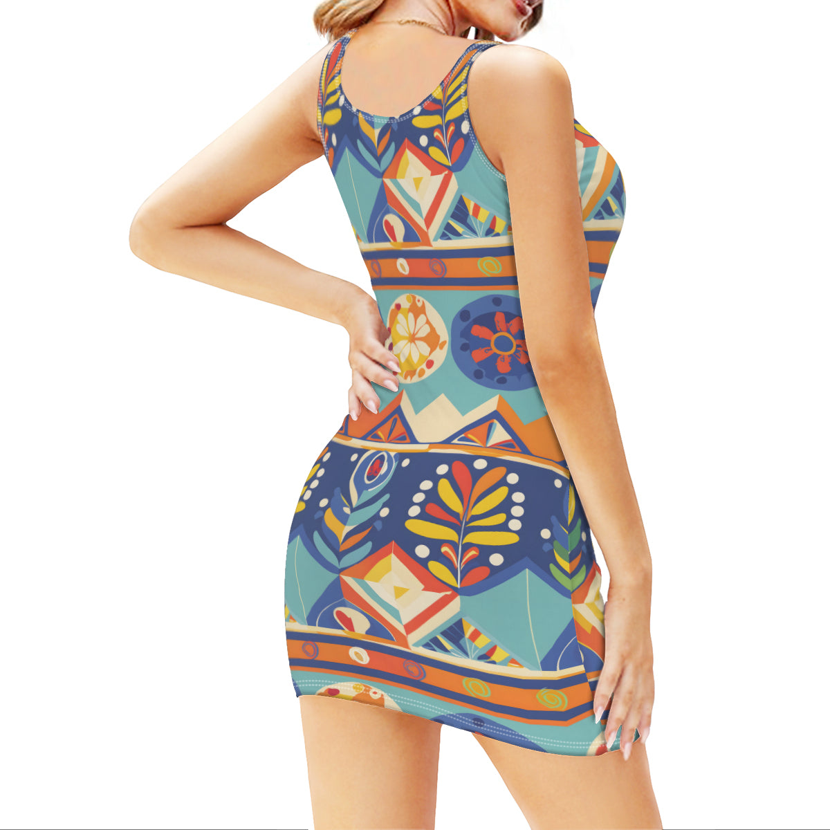 Abstract Pattern Sleeveless Slim-Fit Euro-Size Tank Slip Dress