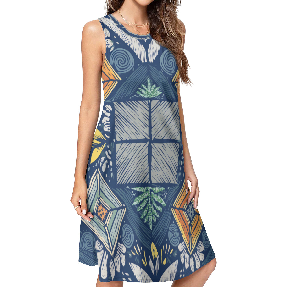 Abstract Denim Pattern Sleeveless Slim-Fit Euro-Size Tank Slip Dress