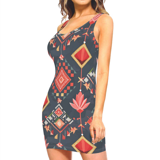 Abstract Pattern Sleeveless Slim-Fit Euro-Size Tank Slip Dress