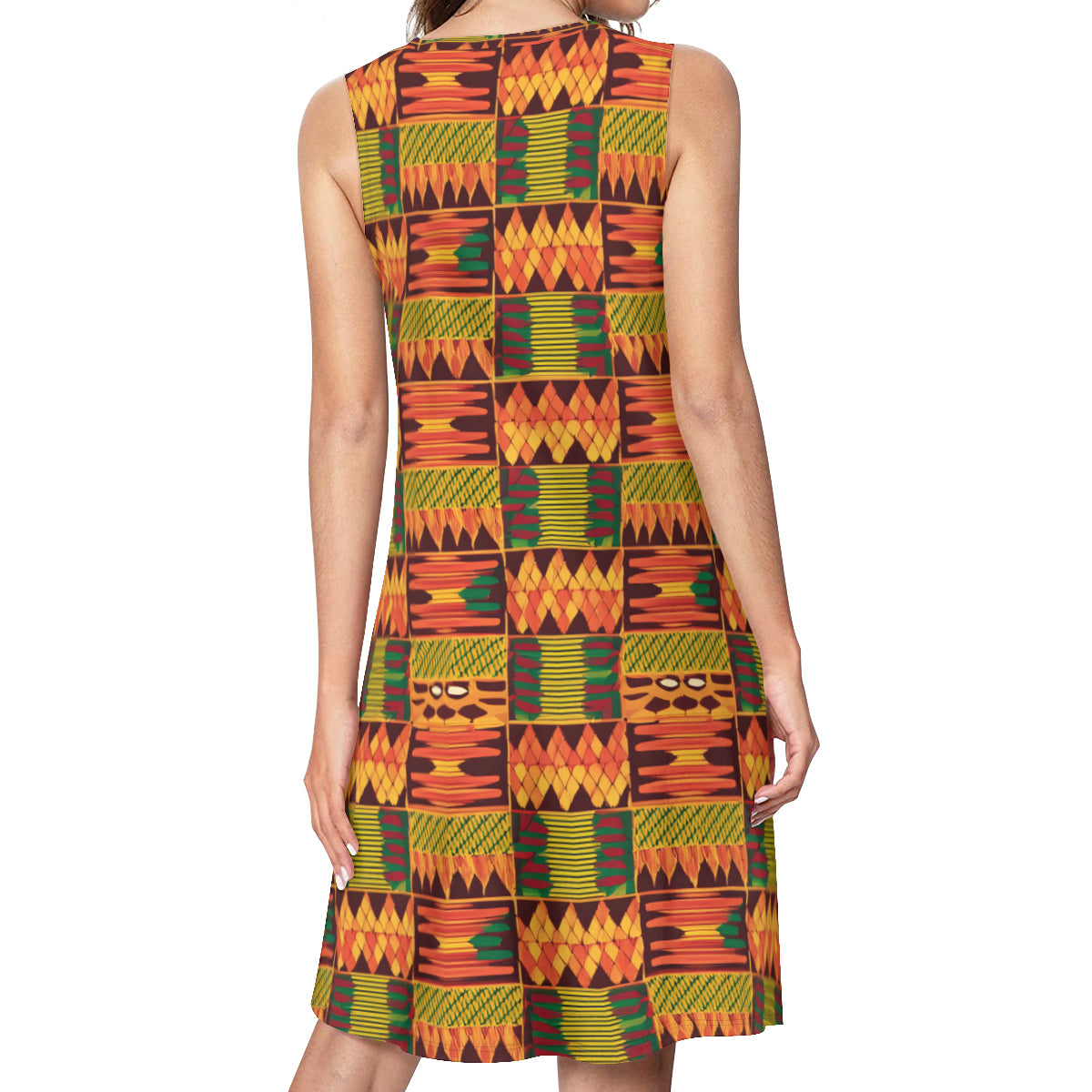 Abstract Kente Pattern Sleeveless Slim-Fit Euro-Size Tank Slip Dress