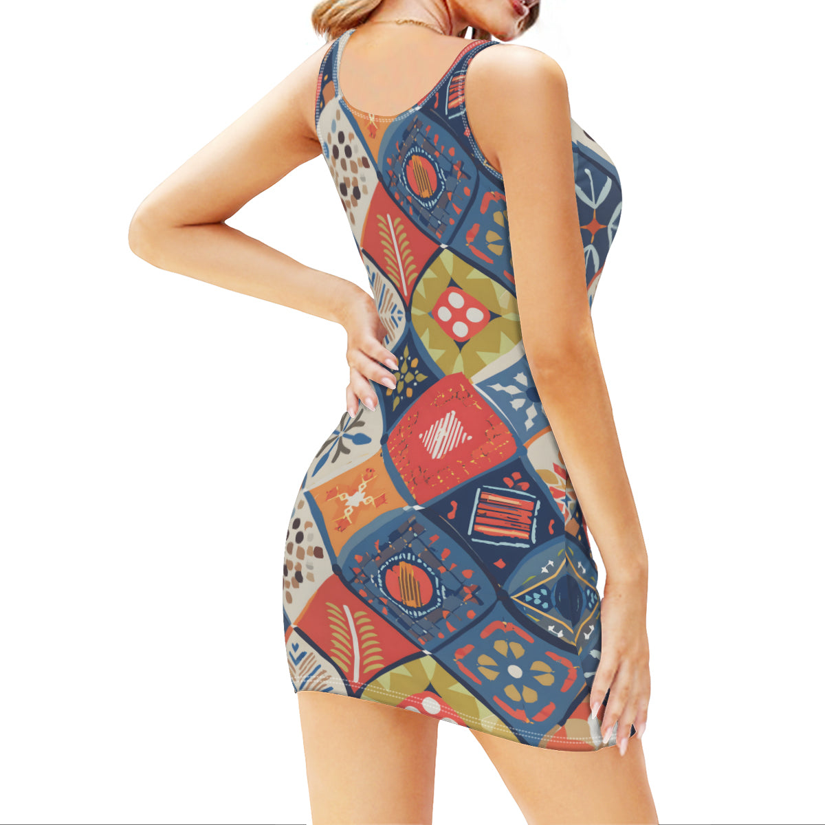 Abstract Pattern Sleeveless Slim-Fit Euro-Size Tank Slip Dress