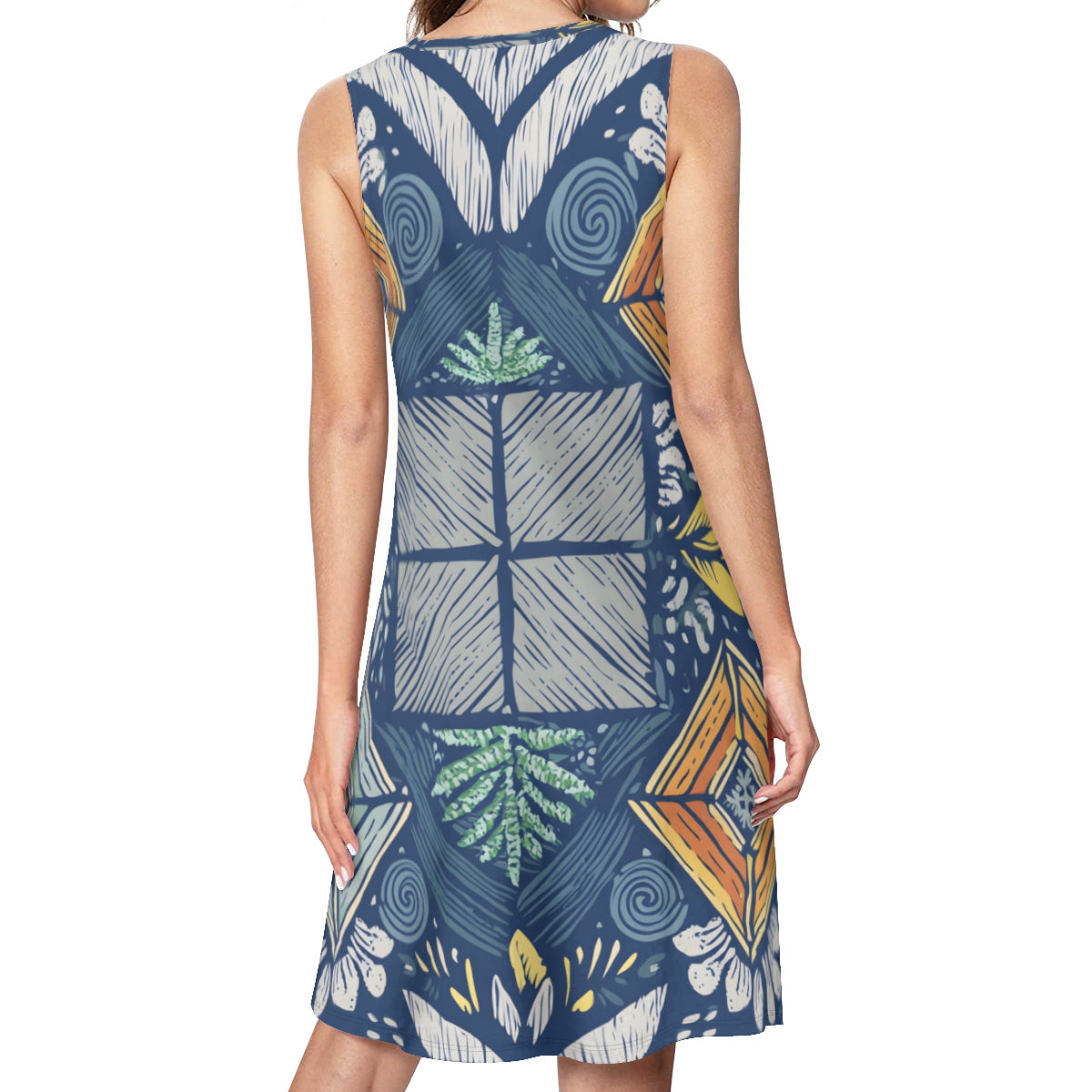 Abstract Denim Pattern Sleeveless Slim-Fit Euro-Size Tank Slip Dress