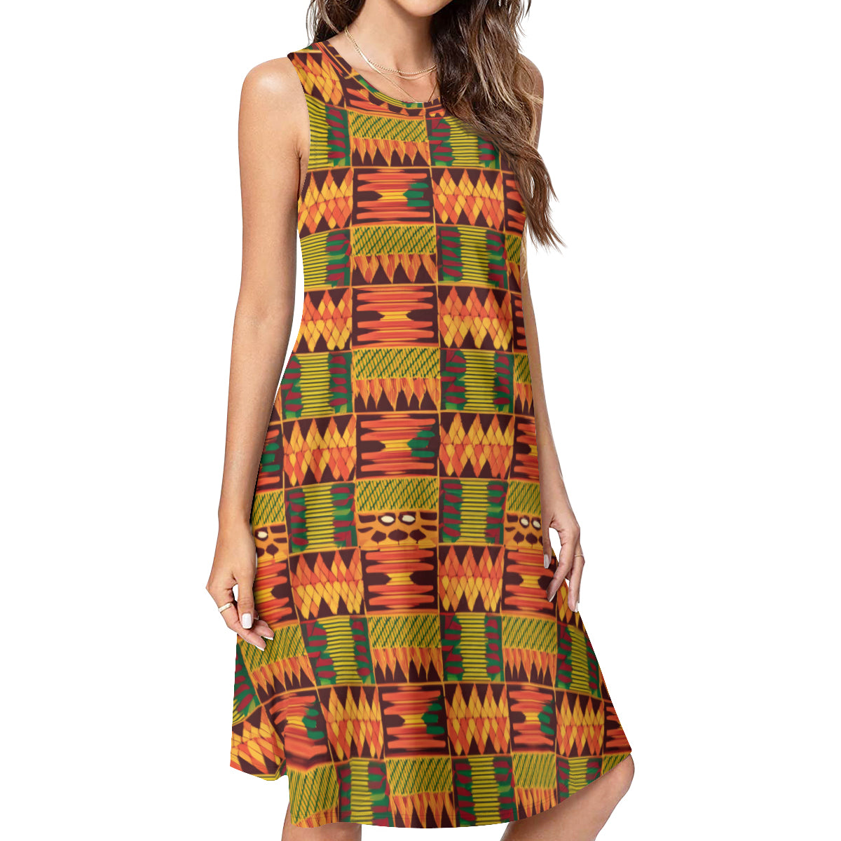 Abstract Kente Pattern Sleeveless Slim-Fit Euro-Size Tank Slip Dress