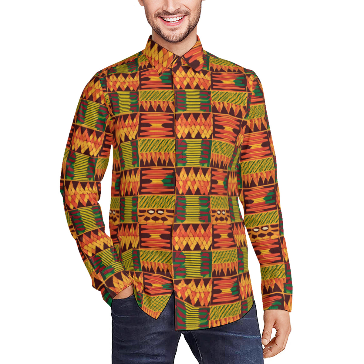 Abstract Kente Pattern Men's Classic Long-Sleeved Shirt