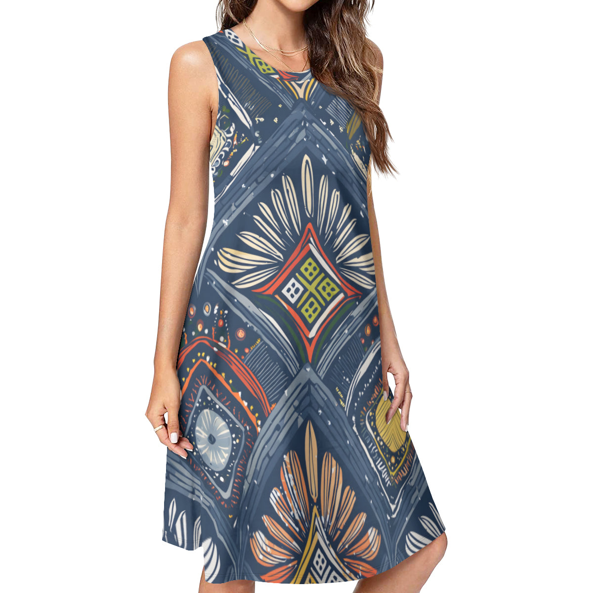 Abstract Pattern Sleeveless Slim-Fit Euro-Size Tank Slip Dress