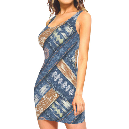 Abstract Pattern Sleeveless Slim-Fit Euro-Size Tank Slip Dress