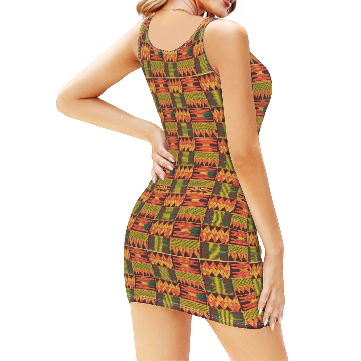 Abstract Kente Pattern Sleeveless Slim-Fit Euro-Size Tank Slip Dress