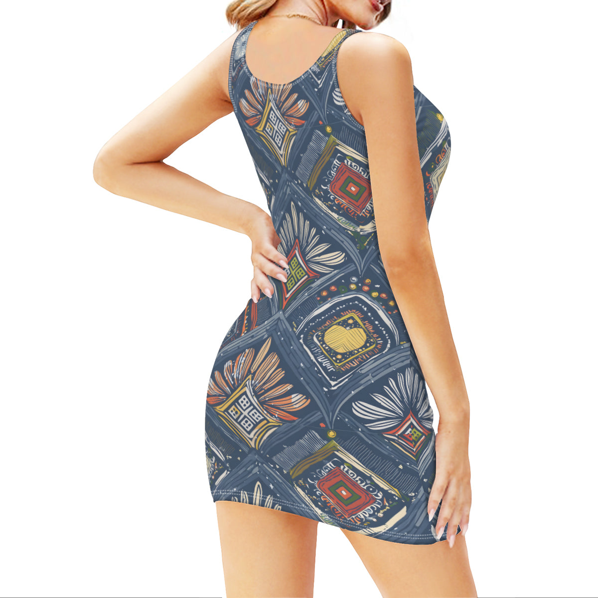 Abstract Pattern Sleeveless Slim-Fit Euro-Size Tank Slip Dress