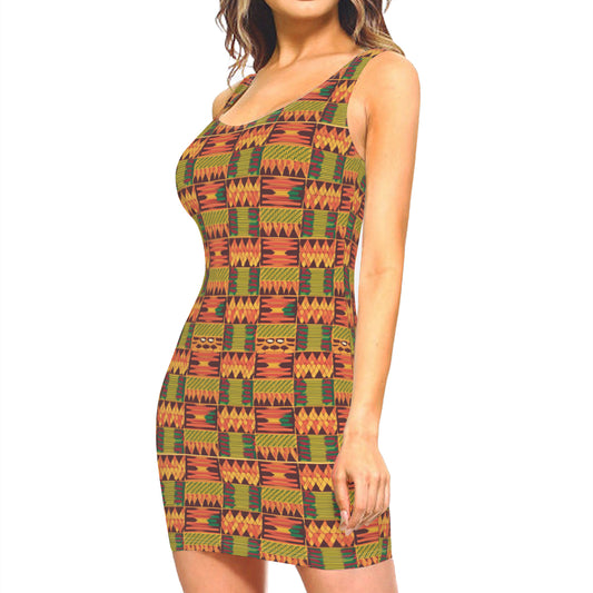 Abstract Kente Pattern Sleeveless Slim-Fit Euro-Size Tank Slip Dress