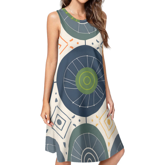 Abstract Denim Pattern Sleeveless Slim-Fit Euro-Size Tank Slip Dress