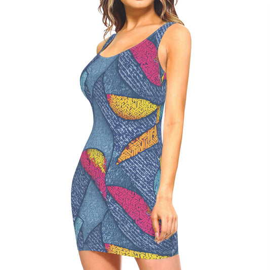 Abstract Pattern Sleeveless Slim-Fit Euro-Size Tank Slip Dress