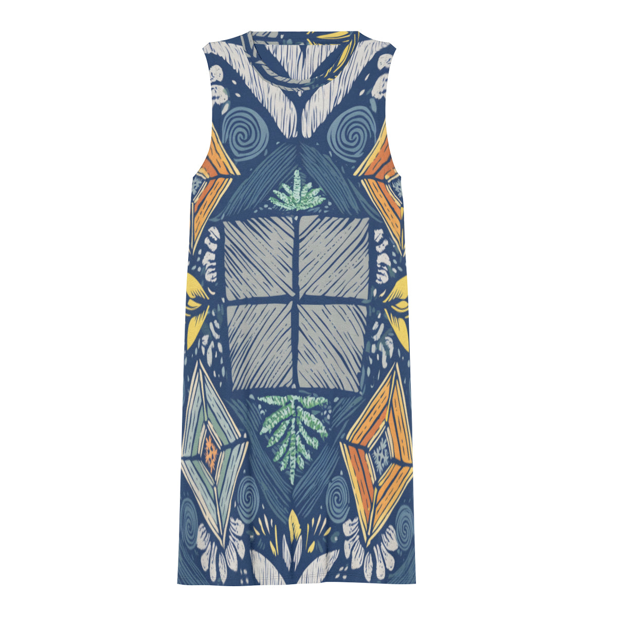 Abstract Denim Pattern Sleeveless Slim-Fit Euro-Size Tank Slip Dress