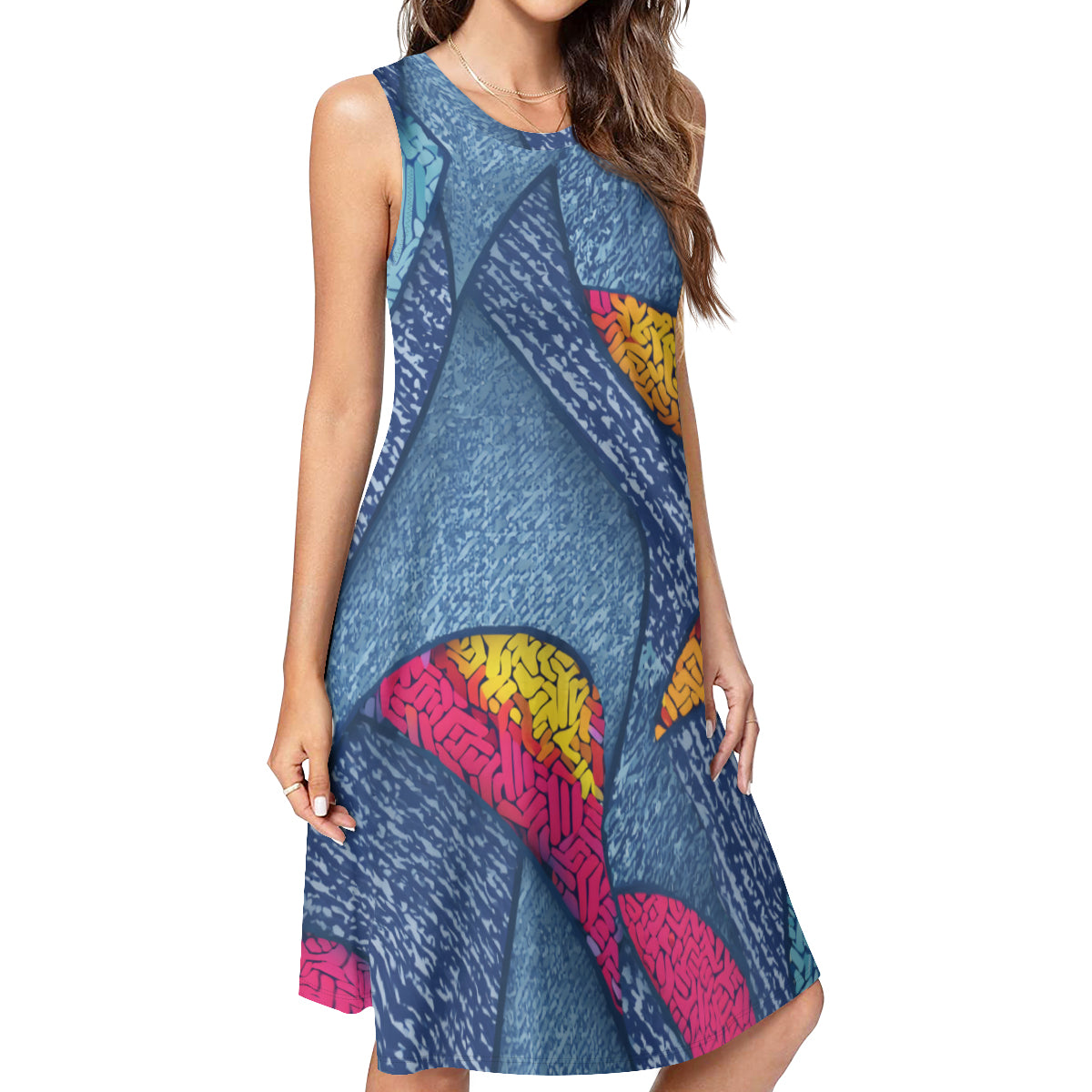 Abstract Pattern Sleeveless Slim-Fit Euro-Size Tank Slip Dress