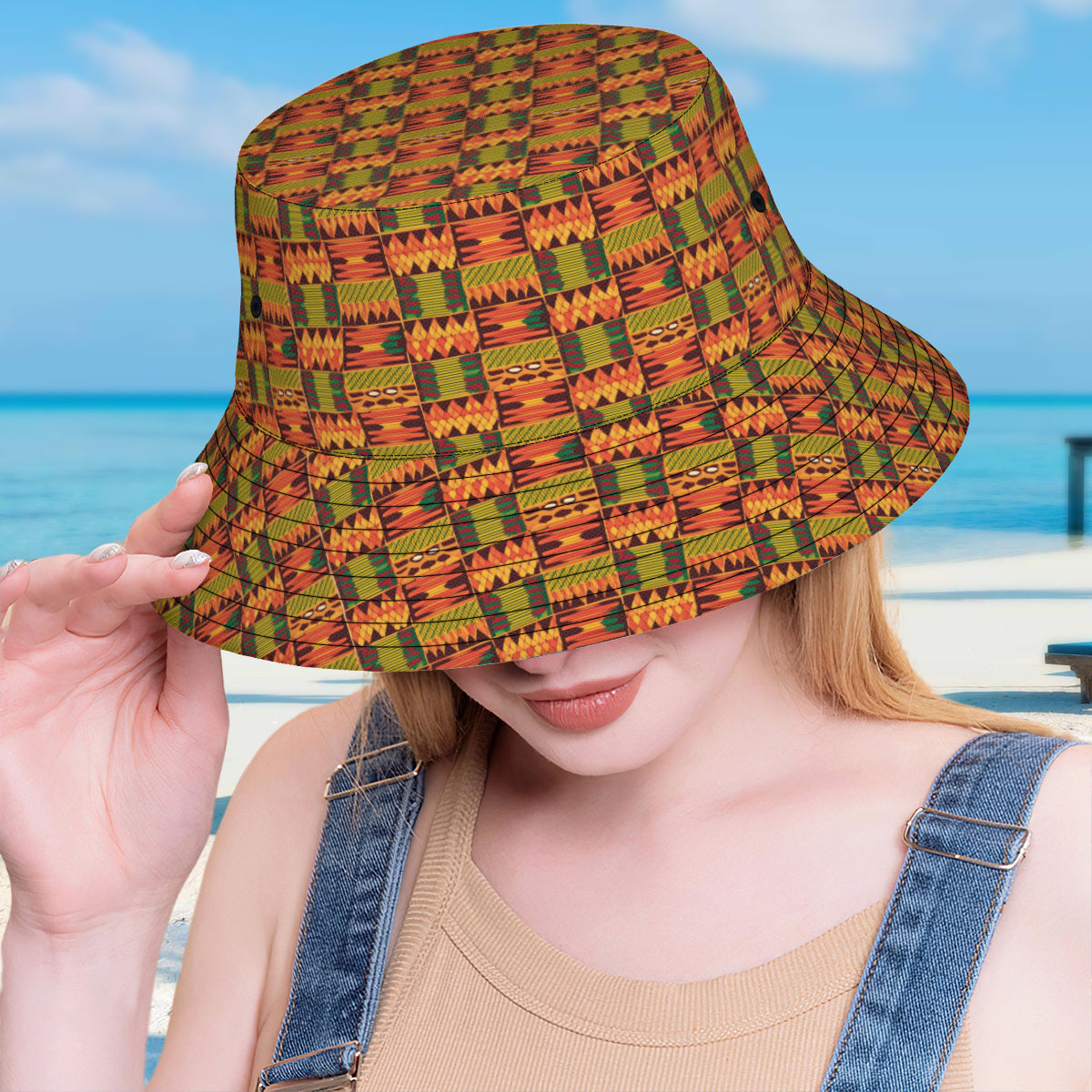 Abstract Kente Pattern Double-Sided Unisex Polyester Bucket Hat