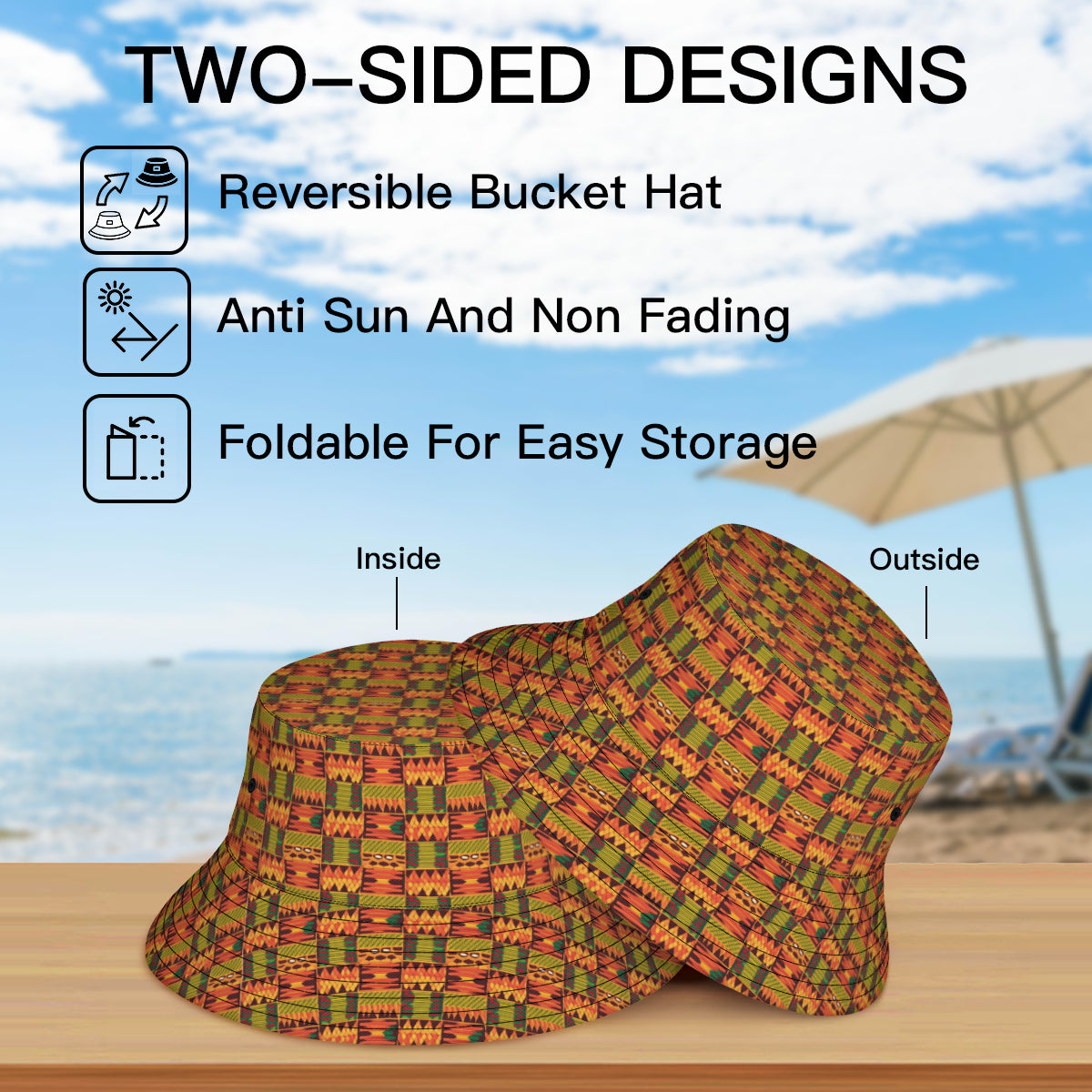 Abstract Kente Pattern Double-Sided Unisex Polyester Bucket Hat