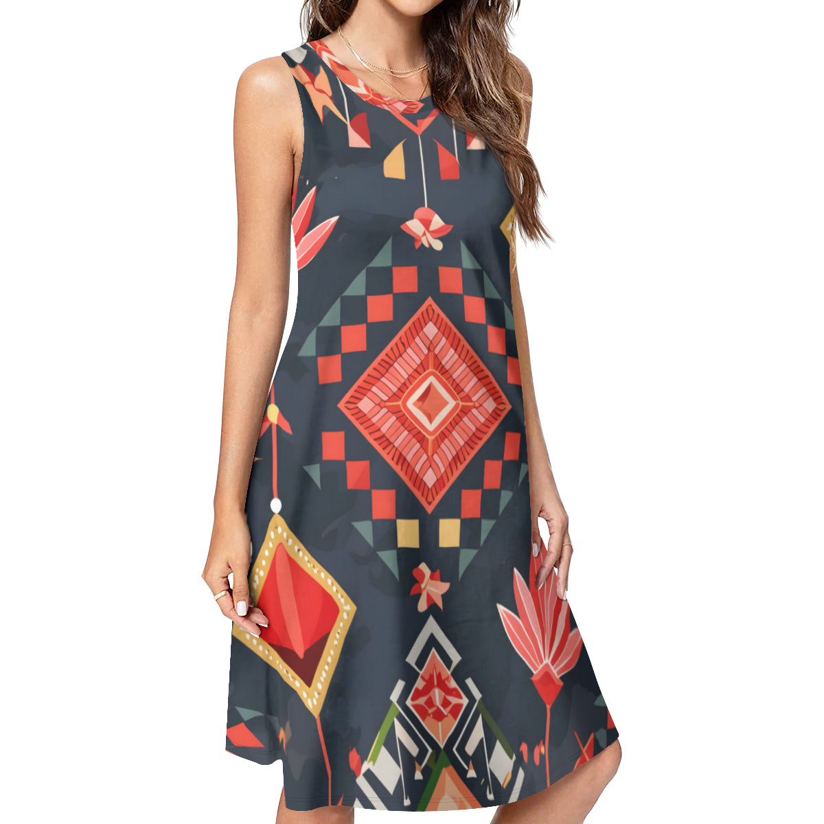 Abstract Pattern Sleeveless Slim-Fit Euro-Size Tank Slip Dress